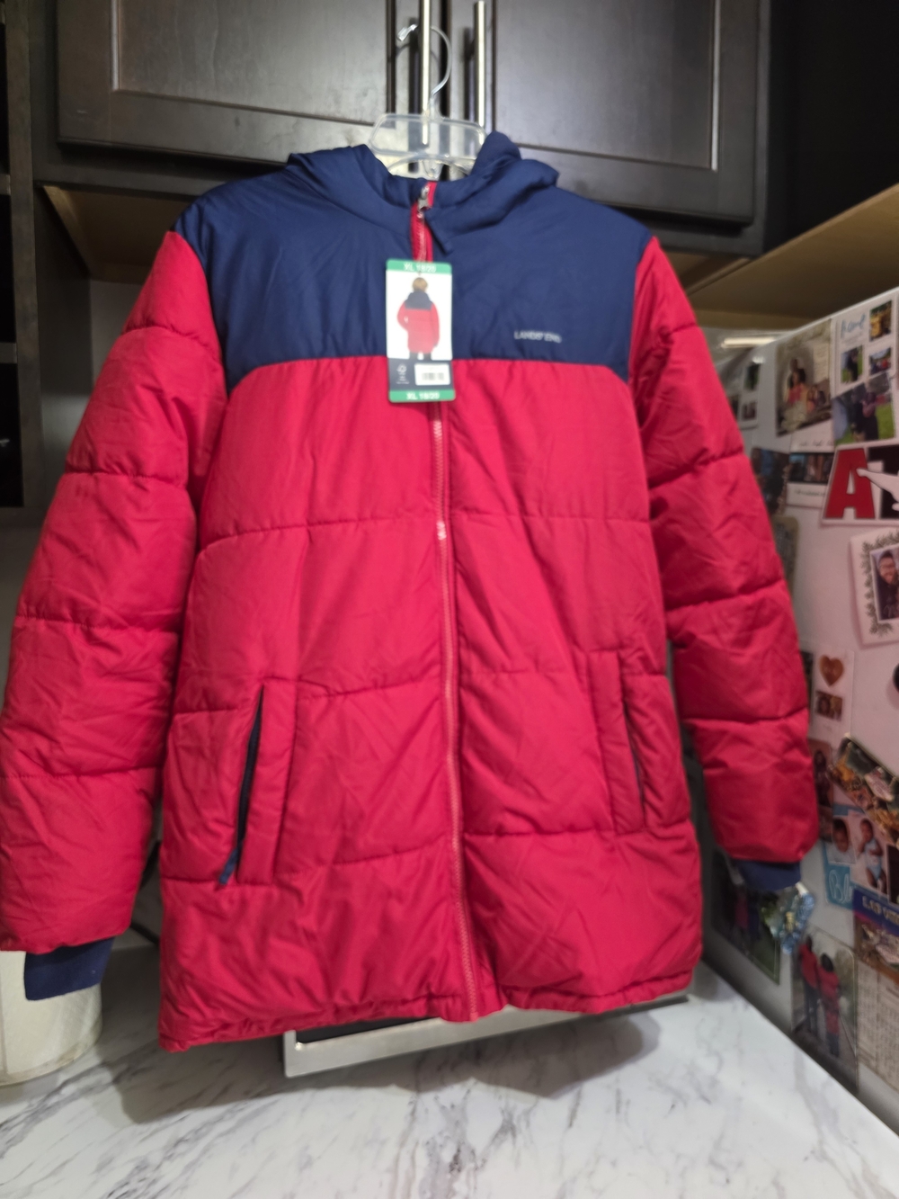 Lands' End Kids' Red & Navy Hooded Puffer Jacket Youth 18/20